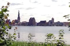 Picture: Rostock old city port seen from the opposite river bank.